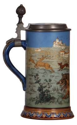 Mettlach stein, 1.0L, 2083, etched, Boar Hunt, inlaid lid, mint. - 3