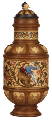 Mettlach stein, 3.0L, 14.5" ht., 1949, etched, inlaid lid, mint.