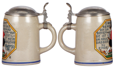 Two stoneware steins, .5L, transfer & hand-painted, marked Marzi & Remy, by F. Ringer, pewter lid, mint; with, .5L, marked Marzi & Remy, by F. Ringer, pewter lid, mint. - 2