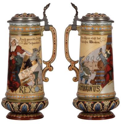 Mettlach stein, 1.5L, 13.0" ht., 2107, etched, by H. Schlitt, inlaid lid, mint. - 2