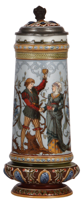 Mettlach stein, 1.4L, 13.0" ht., 1734, etched, by C. Warth, inlaid lid, mint.