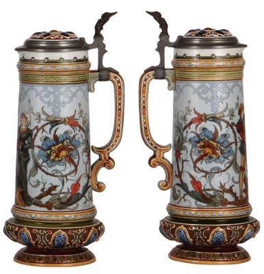 Mettlach stein, 1.4L, 13.0" ht., 1734, etched, by C. Warth, inlaid lid, mint. - 2