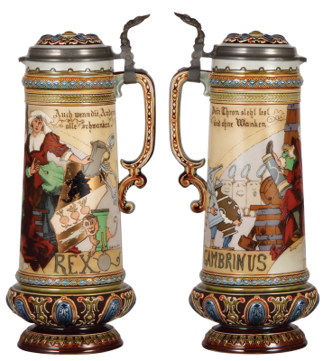 Mettlach stein, 2.2L, 15.0" ht., 2107, etched, by H. Schlitt, inlaid lid, mint. - 2