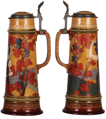 Mettlach stein, 1.5L, 14.0" ht., 2682, etched, by F. Quidenus, inlaid lid, mint. - 2