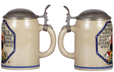 Two stoneware steins, .5L, transfer & hand-painted, marked Marzi & Remy, by F. Ringer, pewter lid, mint; with, .5L, marked Marzi & Remy, by F. Ringer, pewter lid, mint. - 3