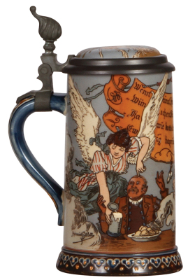 Mettlach stein, .5L, 2089, etched, by H. Schlitt, inlaid lid, mint.