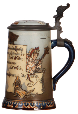 Mettlach stein, .5L, 2090, etched, by H. Schlitt, inlaid lid, mint. - 2