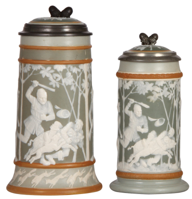 Two Mettlach steins, .5L, 2530 & 1.0L, 2530, cameo, Boar Hunt scenes, by Stahl, inlaid lids, both mint.