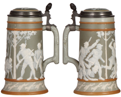 Two Mettlach steins, .5L, 2530 & 1.0L, 2530, cameo, Boar Hunt scenes, by Stahl, inlaid lids, both mint. - 2