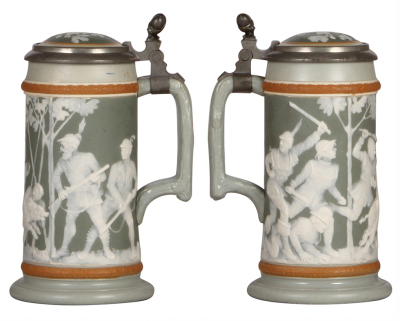 Two Mettlach steins, .5L, 2530 & 1.0L, 2530, cameo, Boar Hunt scenes, by Stahl, inlaid lids, both mint. - 3