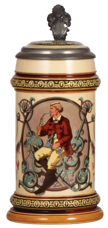 Mettlach stein, .5L, 581 [1530], PUG, by R. Buch '86, inlaid lid, mint.