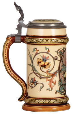 Mettlach stein, .5L, 581 [1530], PUG, by R. Buch '86, inlaid lid, mint. - 3