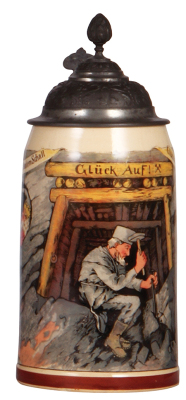 Mettlach stein, .5L, 980[1909], PUG, Glück Auf, pewter lid, mint.