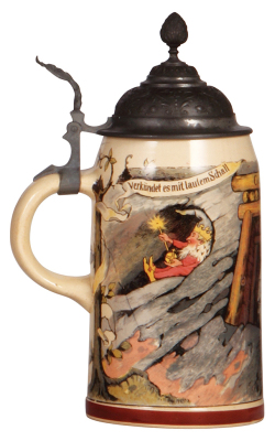 Mettlach stein, .5L, 980[1909], PUG, Glück Auf, pewter lid, mint. - 3