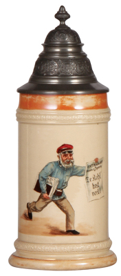 Mettlach stein, .5L, 280, transfer & hand-painted, Newspaper Man, original pewter lid, wear to top & lower bands, otherwise mint.