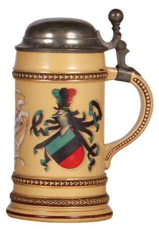 Mettlach stein, .5L, 280, transfer & hand-painted, double coat-of-arms, pewter lid: fraternity inscription, pewter tear repaired, otherwise mint.