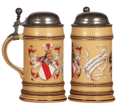 Mettlach stein, .5L, 280, transfer & hand-painted, double coat-of-arms, pewter lid: fraternity inscription, pewter tear repaired, otherwise mint. - 2