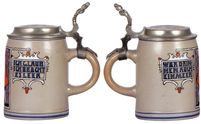 Two stoneware steins, .5L, transfer & hand-painted, marked Steinzeugindustrie, by F. Ringer, pewter lid is old replacement, body mint; with, .5L, marked Thewalt, by F. Ringer, pewter lid, owner I.D. on base, a little wear. - 2