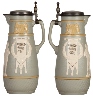 Mettlach stein, 3.0L, 15.2" ht., 3025, relief, inlaid lid, mint. - 2