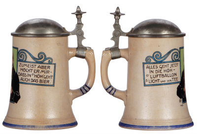 Two stoneware steins, .5L, transfer & hand-painted, marked Steinzeugindustrie, by F. Ringer, pewter lid is old replacement, body mint; with, .5L, marked Thewalt, by F. Ringer, pewter lid, owner I.D. on base, a little wear. - 3
