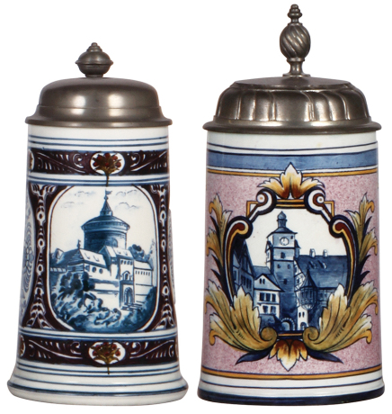 Two Mettlach steins, .5L, 5006, Nürnberg, & .5L, 5013, Rothenburg, Faience, pewter lids, both mint.