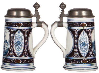 Two Mettlach steins, .5L, 5006, Nürnberg, & .5L, 5013, Rothenburg, Faience, pewter lids, both mint. - 2