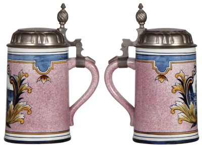 Two Mettlach steins, .5L, 5006, Nürnberg, & .5L, 5013, Rothenburg, Faience, pewter lids, both mint. - 3