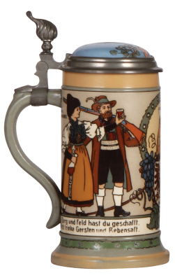 Mettlach stein, .5L, 3143, etched, inlaid lid, mint. - 3