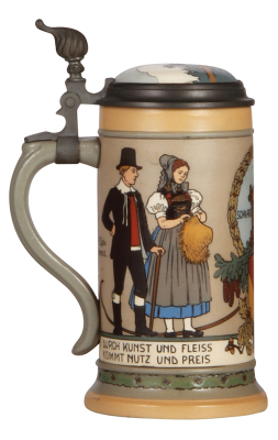 Mettlach stein, .5L, 3144, etched, inlaid lid, mint. - 3