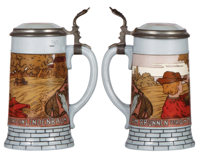 Three Mettlach steins, .5L, 2833A, 2833B, & 2833C, etched, inlaid lids, all mint. - 2