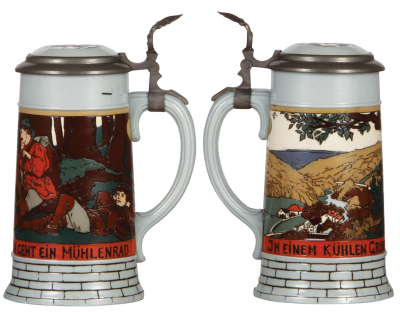 Three Mettlach steins, .5L, 2833A, 2833B, & 2833C, etched, inlaid lids, all mint. - 3