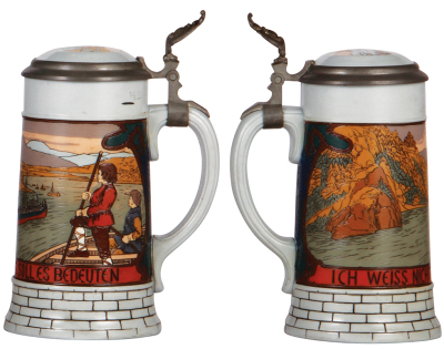 Three Mettlach steins, .5L, 2833A, 2833B, & 2833C, etched, inlaid lids, all mint. - 4