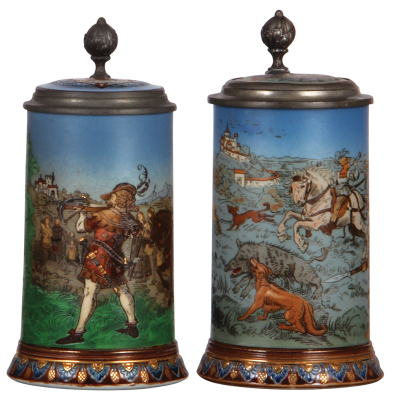 Two Mettlach steins, .5L, 2082, etched, Wilhelm Tell, inlaid lid, mint; with, .5L, 2083, etched, Boar Hunt, inlaid lid, tiny flake on upper rim, slight interior browning.