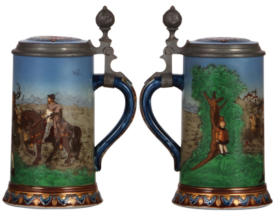 Two Mettlach steins, .5L, 2082, etched, Wilhelm Tell, inlaid lid, mint; with, .5L, 2083, etched, Boar Hunt, inlaid lid, tiny flake on upper rim, slight interior browning. - 2