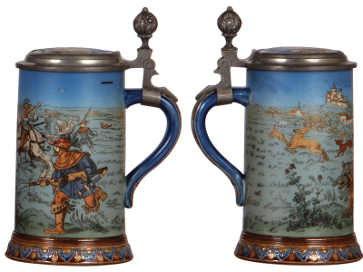 Two Mettlach steins, .5L, 2082, etched, Wilhelm Tell, inlaid lid, mint; with, .5L, 2083, etched, Boar Hunt, inlaid lid, tiny flake on upper rim, slight interior browning. - 3