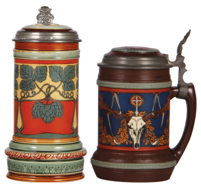 Two Mettlach steins, .5L, 2800, etched, Art Nouveau, inlaid lid, mint; with, .5L, 2813, etched, Art Nouveau, inlaid lid, mint.