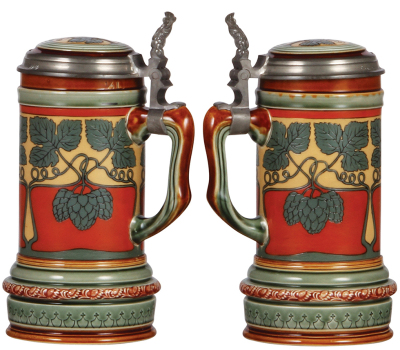 Two Mettlach steins, .5L, 2800, etched, Art Nouveau, inlaid lid, mint; with, .5L, 2813, etched, Art Nouveau, inlaid lid, mint. - 2