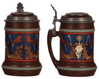 Two Mettlach steins, .5L, 2800, etched, Art Nouveau, inlaid lid, mint; with, .5L, 2813, etched, Art Nouveau, inlaid lid, mint. - 3