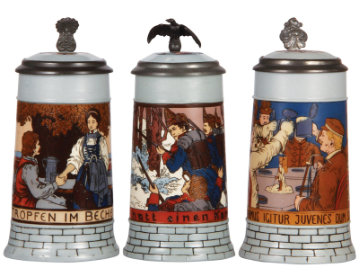 Three Mettlach steins, .5L, 2833D, 2833E, & 2833F, etched, inlaid lids, all mint.