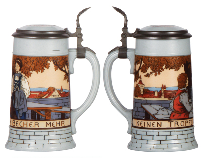 Three Mettlach steins, .5L, 2833D, 2833E, & 2833F, etched, inlaid lids, all mint. - 2