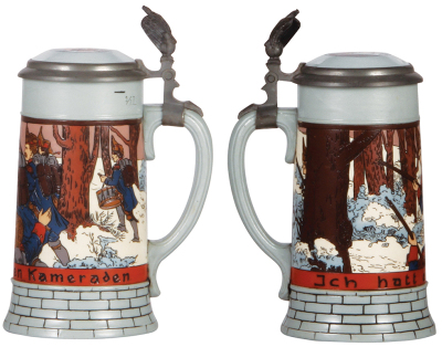 Three Mettlach steins, .5L, 2833D, 2833E, & 2833F, etched, inlaid lids, all mint. - 3