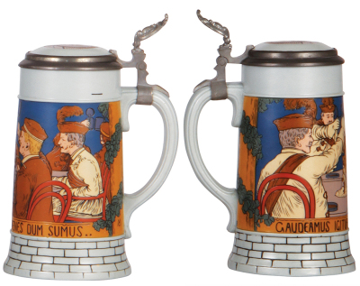 Three Mettlach steins, .5L, 2833D, 2833E, & 2833F, etched, inlaid lids, all mint. - 4