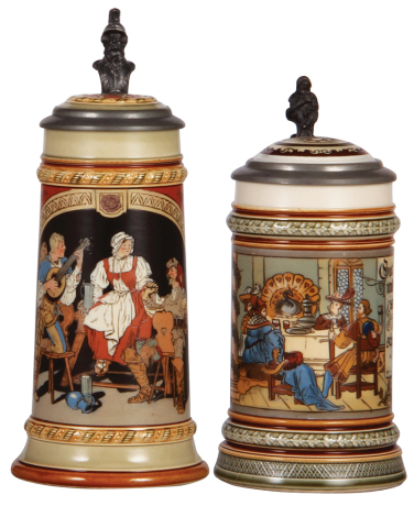 Two Mettlach steins, .5L, 2693, etched, inlaid lid, mint; with, .5L, 2005, etched, inlaid lid, mint.