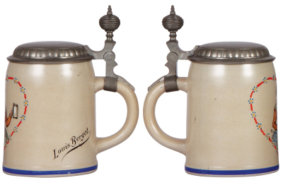 Stoneware stein, .5L, transfer & handpainted, signed F. Ringer, pewter lid, extremely faint line at top rim. - 5