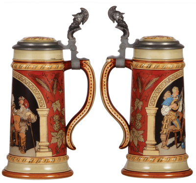 Two Mettlach steins, .5L, 2693, etched, inlaid lid, mint; with, .5L, 2005, etched, inlaid lid, mint. - 2