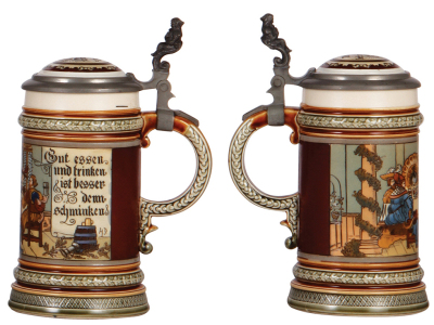 Two Mettlach steins, .5L, 2693, etched, inlaid lid, mint; with, .5L, 2005, etched, inlaid lid, mint. - 3