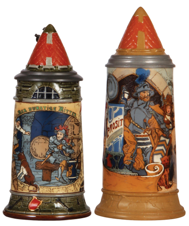 Two Mettlach steins, .5L, 2382, etched, by H. Schlitt, flake on inside edge of inlay; with, .5L, 2580, etched, by H. Schlitt, inlaid lid, small pewter tear repaired, body mint.