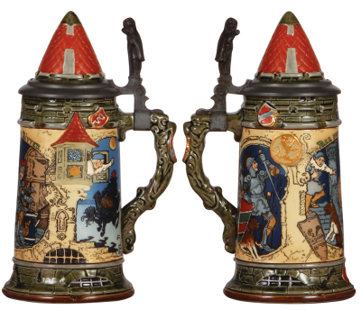 Two Mettlach steins, .5L, 2382, etched, by H. Schlitt, flake on inside edge of inlay; with, .5L, 2580, etched, by H. Schlitt, inlaid lid, small pewter tear repaired, body mint. - 2