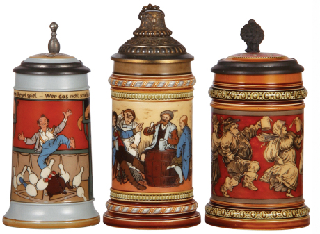 Three Mettlach steins, .5L, 2959, etched, inlaid lid, small chip on lower band; with, .5L, 1508, etched, original pewter lid, some interior browning, otherwise mint; with, .5L, 2057, etched, inlaid lid, mint.  