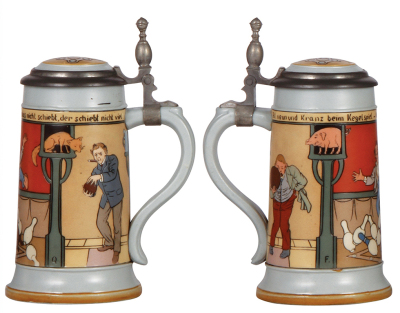 Three Mettlach steins, .5L, 2959, etched, inlaid lid, small chip on lower band; with, .5L, 1508, etched, original pewter lid, some interior browning, otherwise mint; with, .5L, 2057, etched, inlaid lid, mint.   - 2